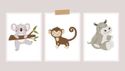 Safari animals vector, Abstract baby animals vector, safari baby animals, cute animals isolated, adorable koala, monkey, hippo,   kids vector