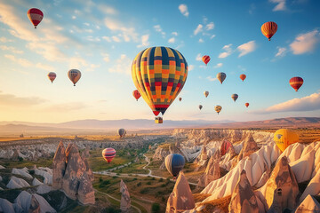 Obraz premium Panoramic view with Colorful hot air balloons fly in sky
