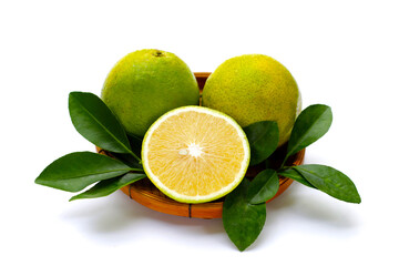 Citrus sinensis, sweet orange fruit on white background