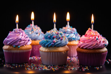 Cupcake with burning candle birthday party concept.