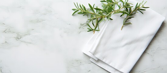 Green plant on marble table with folded linen napkin top view - obrazy, fototapety, plakaty