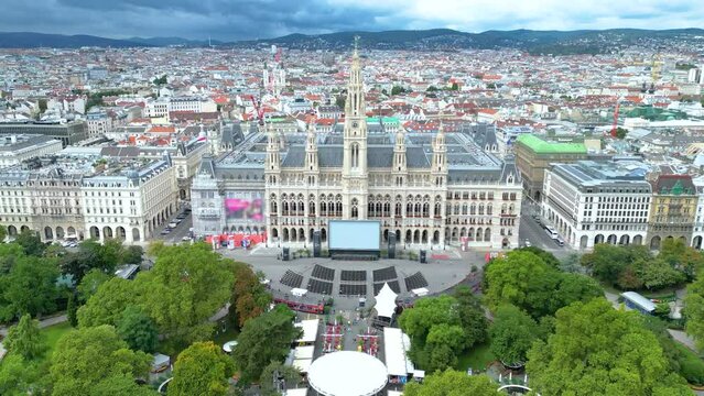Vienna city hall aerial skyline view drone footage, viena skyline view of city hall in austria froma bove birds view.