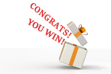 Open gift box with congrats you win word