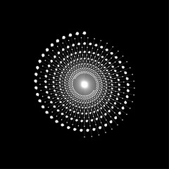 White dotted speed linesin circle form. Geometric art Spiral dots on black background. Design element for design project Vector illustration