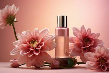 Cosmetics or perfume bottle with pink color flower