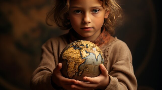 A little girl holds a globe in her hand, captured in earthy colors and infused with historical imagery. The soft-focus portrait, celebrates youthful protagonists in a world of possibilities.