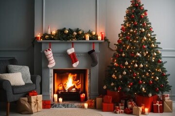 Interior of living room with fireplace, presents and Christmas tree. generative ai.