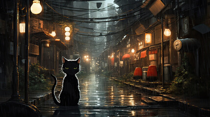 Rain-soaked alleyway; anime cat waiting under a lantern, surrounded by manga comic strips, lo-fi melodies echoing.  AI generative - obrazy, fototapety, plakaty