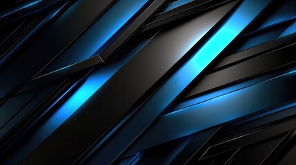 3D Effect. Dark Geometric Abstract Background with Black and Blue Gradient, Diagonal Lines, and Metallic Sheen
