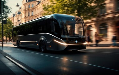 EV bus on a city street with blur motion effect. Generative AI