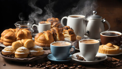 Obraz premium Celebrate International Coffee Day with a Steaming cups of coffee and a variety of pastries. Image is generated with the use of an Artificial intelligence