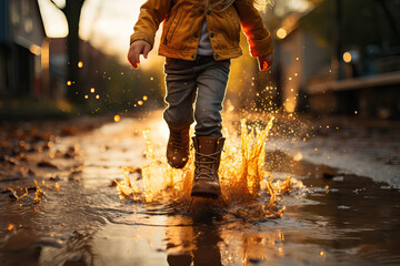 Little girl in jeans and rubber boots frolicking in puddle on street outdoors at autumn day - obrazy, fototapety, plakaty