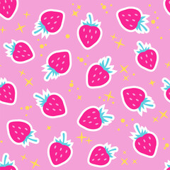 Stylish cute strawberry on a pink background. Seamless vector pattern.