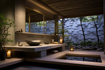 Harmonious Serenity: A Modern Asian Bathroom Oasis with Tranquil Zen Garden, Bamboo Flooring, and Clean Lines for a Peaceful Retreat