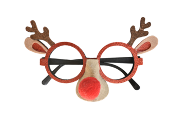Funny Christmas reindeer eyeglasses on transparent background