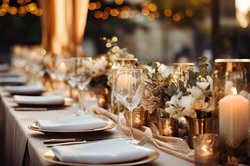 Elegant decoration for an outdoor wedding dinner. The table is decorated with flowers and candles. Intimate wedding.