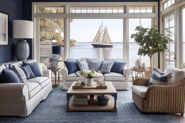 A Serene Coastal Retreat: A Captivating Nautical Style Living Room with Beachy Accents, Coastal Decor, and Maritime Influence.