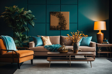 An inviting and elegant living room interior in brown and teal colors, harmoniously blending modern style with natural accents, featuring comfortable furniture, a statement coffee table