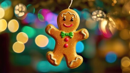 Gingerbread man cookie hanging in decorative Christmas tree. bokeh lights with copy space Decoration in festival period. Closeup magic and fairy tree as colorful background or wallpaper New Year