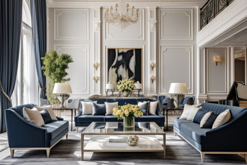 Fototapeta na wymiar A Spacious and Stylish Navy Blue and Cream Living Room Interior, Harmoniously Blending Contemporary Elegance, Serenity, and Comfort with Cozy Textiles, Sophisticated Accessories, and Minimalistic Art.