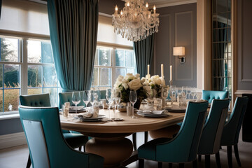 Immerse in the harmonious ambiance of an elegant teal and cream dining room, adorned with modern decor, stylish furniture, and soothing natural lighting, creating a serene