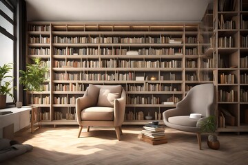 3D Reading Nook Elegance: A Cozy Armchair and Bookcase in Modern Interior Design
