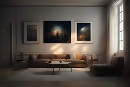 Gallery wall mockup in modern living room with sofa and three artworks in dark cinematic vibes
