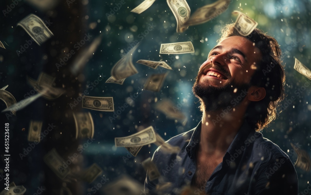 Wall mural happy successful man standing under money rain. a lot of dollar banknotes falling on smiling man. su