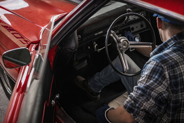 Classic Cars Mechanic Inside Restored American Muscle Car