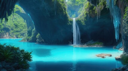 A waterfall with a clear lake