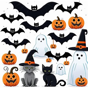 Happy Halloween party posters set with night clouds and pumpkins in paper cut style. Vector illustration. Full moon, witch cauldron, spiders web and flying bat. Place for text. Brochure background