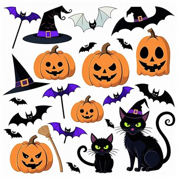 Happy Halloween party posters set with night clouds and pumpkins in paper cut style. Vector illustration. Full moon, witch cauldron, spiders web and flying bat. Place for text. Brochure background