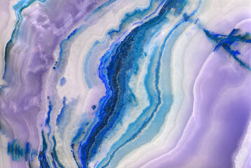 Onyx. Texture of semi-precious stone in blue, purple, white colors. Variety of agate - obrazy, fototapety, plakaty