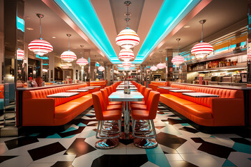 Colorful retro american diner interior design, bar, cafe