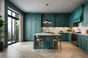 Luxury modern and vintage turquoise interior. Marble kitchen island with wooden chockers.