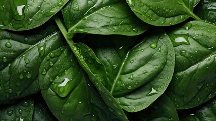 Green Spinach with water drops background.
