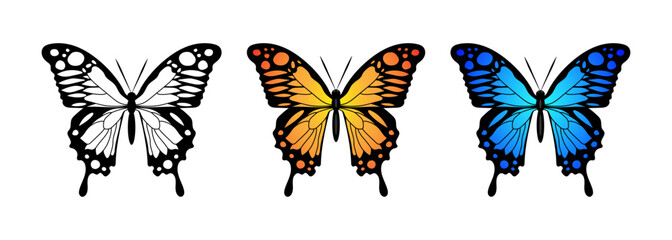 Butterfly blue orange white Set silhouette fly Monarch Butterfly design hand drawn vector illustration