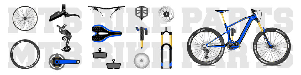 Mountain bike parts and accessories set, elements for infographic and etc. vector