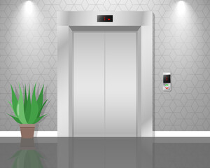 Modern elevator metallic cabin doors Elevator doors, close lift cabin entrance with chrome metal buttons panel vector