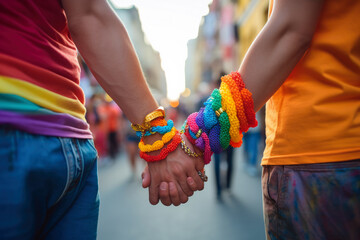 Love, acceptance, and equality by depicting a same-sex couple holding hands, proud of their identity