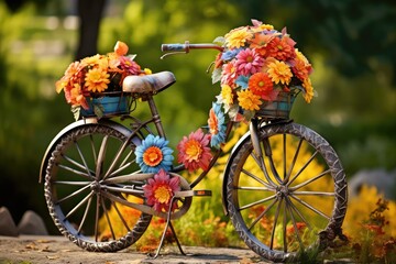 Bicycle decorated with flowers in the park on a sunny day, beautifully decorated ladies bicycle adorned with flowers