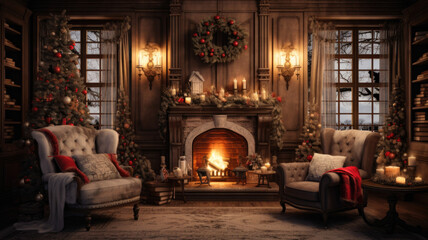 Fototapeta na wymiar Cozy winter living room interior with a fireplace and Christmas decoration