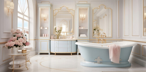 Gold pastel interior  luxury.Light luxury royal posh interior in baroque style. Illustration Ai.