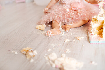 cake decorated with butterflies and houses for a holiday, birthday, first year. Cake Smash Shooting