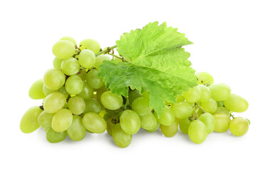 Fresh green grapes and leaf on white background