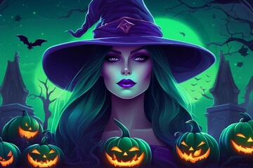 Halloween's Witch with skull and a hat, Full moon Scary Illustration Background. Halloween Background.