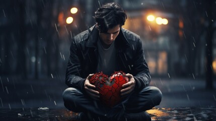 Anti-Valentine's day idea. Sad man holding a broken heart in her hands after a breakup relationship or divorce from her partner. Gloomy background.