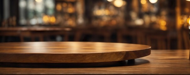 Fototapeta premium Table shot of an empty wooden table in a restaurant, bar or pub for placing products or content. Generative AI.