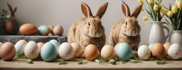 Two Easter Rabbits between easter eggs on a table. Generative AI.