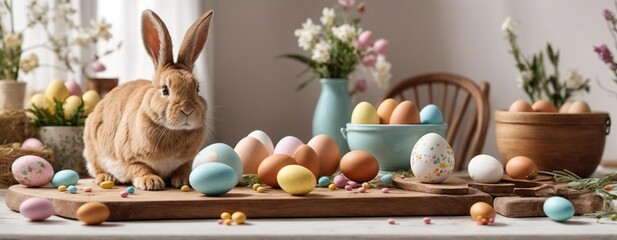 An Easter Rabbit between easter eggs on a table. Generative AI.